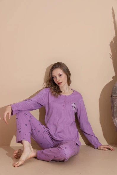 Lindros Kadın Pamuk'lu Düğme Yaka Raporlu İnterlok KIŞLIK Pijama Takımı 05034 - 1 Adet  S - M Mor ürün görseli 1