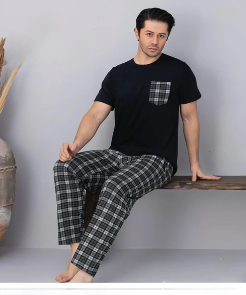 Pijamoni Erkek Bisiklet Yaka Kısa Kol İnce Pijama Takımı 6163/7 - 1 Adet  Siyah L ürün görseli 1