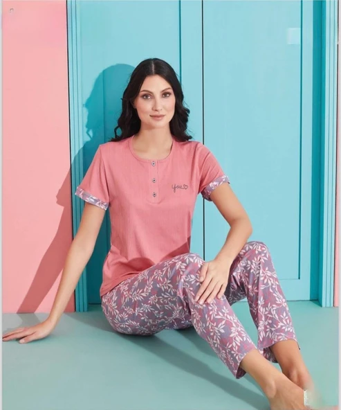 Pijamoni Kadın Viskoz Likralı Düğme Yaka Kaşkorse Patlı Kısa Kol Pijama Takımı 5520-2 / 1 Adet  L Pembe ürün görseli 1