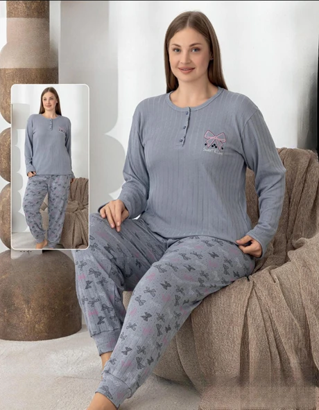 Lindros Kadın Pamuk'lu Düğme Yaka Raporlu İnterlok KIŞLIK Battal Pijama Takımı 0243 - 1 Adet   Gri 5XL ürün görseli 1