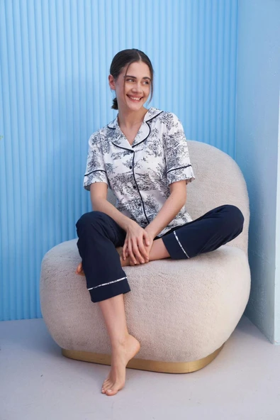 Miss Klein Kadın Büyük Beden Gömlek Yaka Pamuklu Likralı Kısa Kol Pijama Takımı 1133 - 1 Adet  Beyaz XL ürün görseli 1
