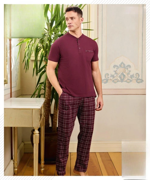 Pijamoni Erkek Düğme Yaka Kısa Kol  Pijama Takımı 6850/11 - 1 Adet  L Mürdüm ürün görseli 1