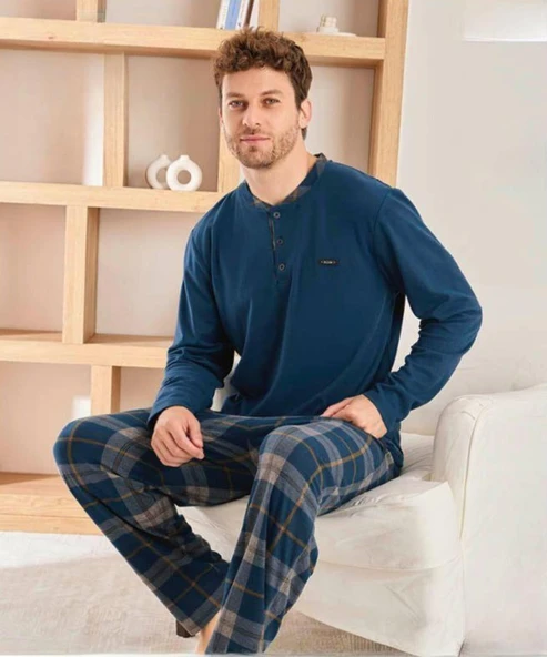 Pijamoni Erkek Düğme Yaka Kışlık Mikrosoft Likralı Pijama Takımı 6410/8 - 1 Adet  M Petrol ürün görseli 1
