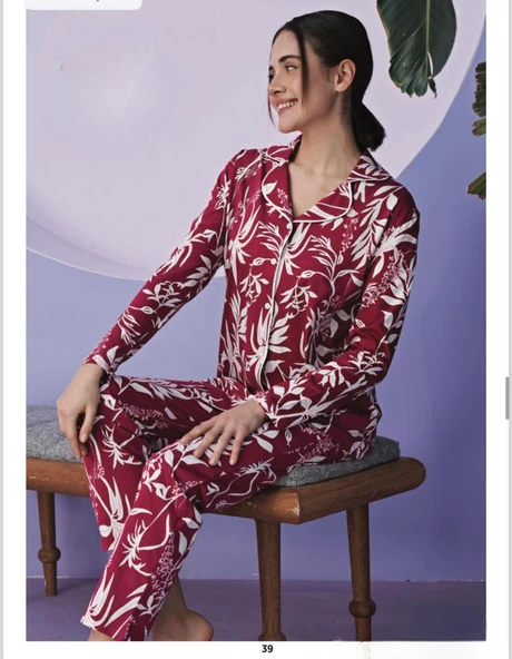Miss Klein Kadın Büyük Beden Gömlek Yaka Pamuklu Likralı Uzun Kol Pijama Takımı 1129 - 1 Adet  XL Vişne ürün görseli 1