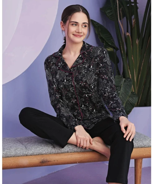 Miss Klein Kadın Büyük Beden Gömlek Yaka Pamuklu Likralı Uzun Kol Pijama Takımı 1140 - 1 Adet  XL Siyah ürün görseli 1