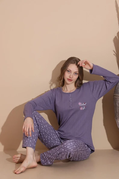 Lindros Kadın Pamuk'lu Düğme Yaka Raporlu İnterlok KIŞLIK Pijama Takımı 05040 - 1 Adet   2XL Mor ürün görseli 1