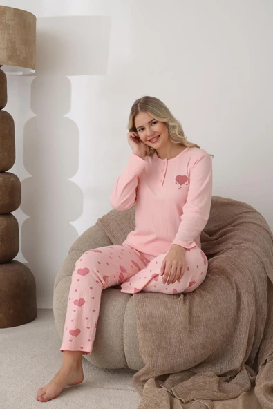 Lindros Kadın Pamuk'lu Düğme Yaka Raporlu İnterlok KIŞLIK Pijama Takımı 0112 - 1 Adet   2XL Pembe ürün görseli 1