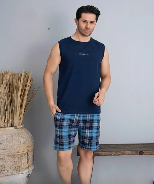Pijamoni Erkek Bisiklet Yaka Kolsuz Şortlu Pijama Takımı 6185/2 - 1 Adet  XL Lacivert ürün görseli 1