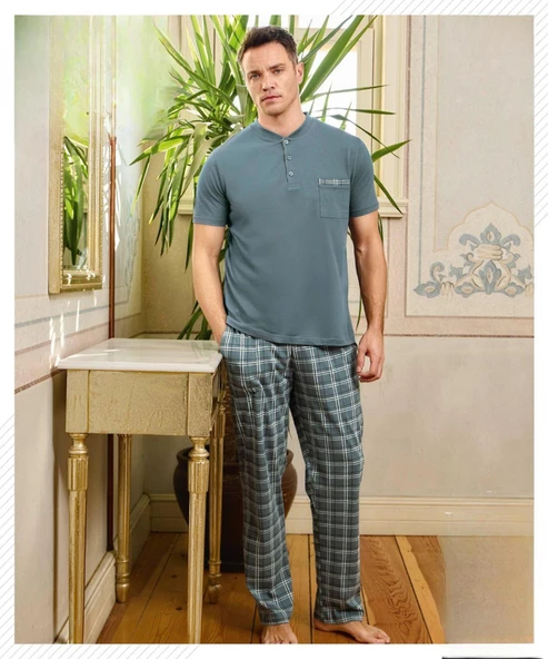 Pijamoni Erkek Düğme Yaka Kısa Kol  Pijama Takımı 6850/99 - 1 Adet  L Yeşil ürün görseli 1