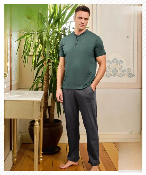 Pijamoni Erkek Düğme Yaka Kısa Kol Penye Pijama Takımı 6880/1 - 1 Adet  M Yeşil ürün görseli 1