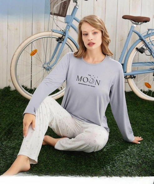 Pijamoni Kadın Milan Bisiklet Yaka Uzun Kol İnce Pijama Takımı 7600/24 - 1 Adet  L Gri ürün görseli 1