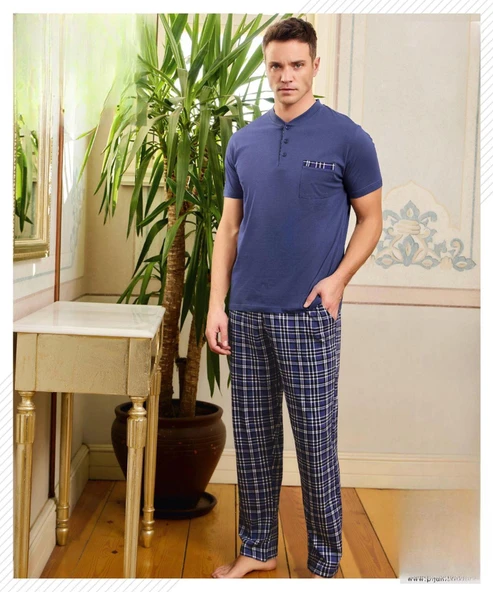 Pijamoni Erkek Düğme Yaka Kısa Kol  Pijama Takımı 6850/14 - 1 Adet  2XL Saks Mavi ürün görseli 1
