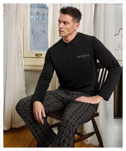 Pijamoni Erkek Düğme Yaka Uzun Kol Mevsimlik Pijama Takımı 6800/14 - 1 Adet  Siyah M ürün görseli 1