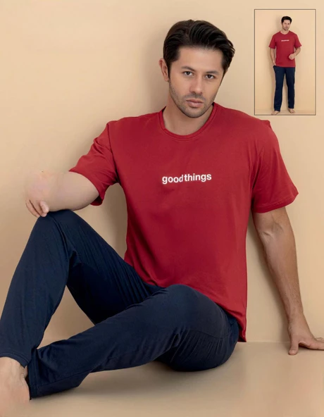 Pijamerry Erkek Bisiklet Yaka Kısa Kol Penye Pijama Takımı 6318 - 1 Adet  XL Kırmızı ürün görseli 1