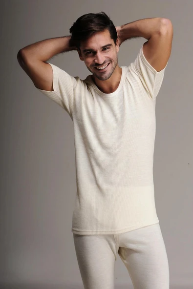 Hasyün Erkek %100 Yün Kısa Kollu Atlet Fanila İçlik 1000E - 1 Adet  XL Ekru ürün görseli 1