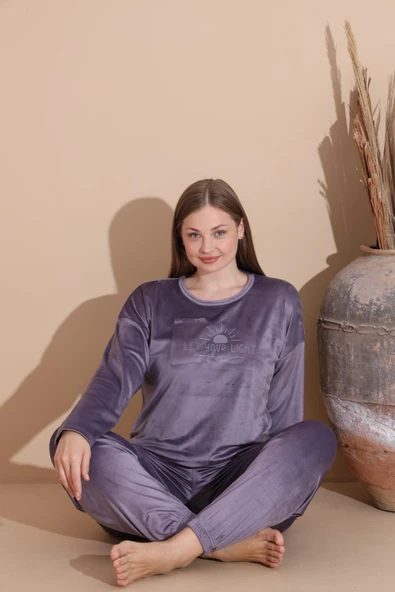 Boyraz Kadın KIŞLIK Fransız Kadife Büyük Beden Bisiklet Yaka Uzun Kol Pijama Takımı 03139 - 1 Adet  2XL Açık Mor ürün görseli 1