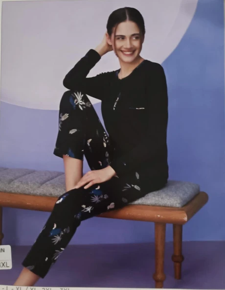Miss Klein Kadın Büyük Beden Düğme Yaka Pamuklu Likralı Uzun Kol Pijama Takımı 1139 - 1 Adet  Siyah 2XL ürün görseli 1