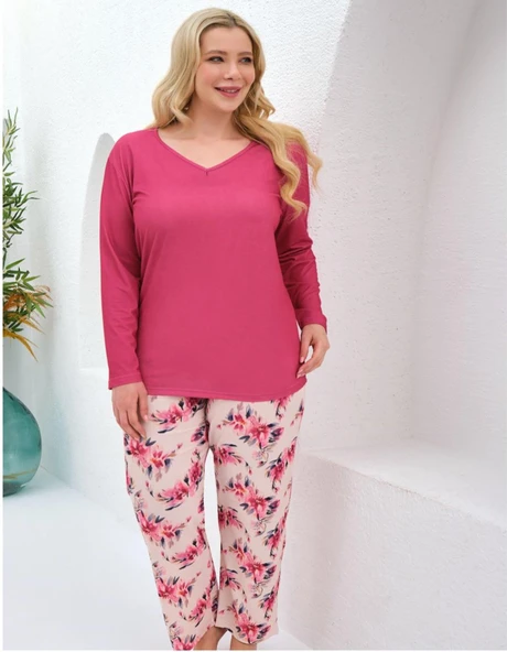 Baha Perfect Club Kadın Büyük Beden V Yaka Uzun Kol Pijama Takımı 4378- 1 Adet  2XL Fuşya ürün görseli 1