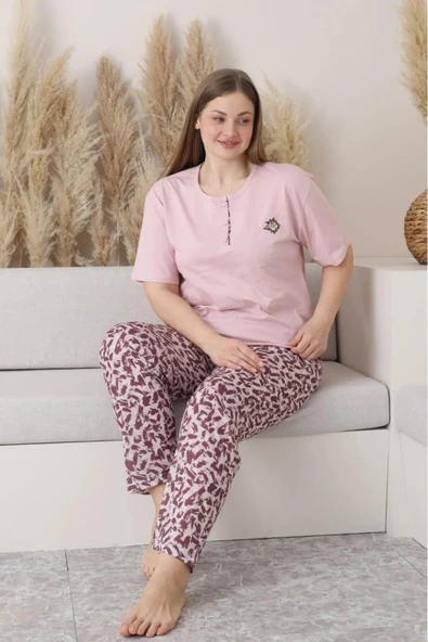 Sude Kadın Büyük Beden Düğme Yaka Penye Kısa Kol İnce Pijama Takımı P146 - 1 Adet  2XL Pembe ürün görseli 1