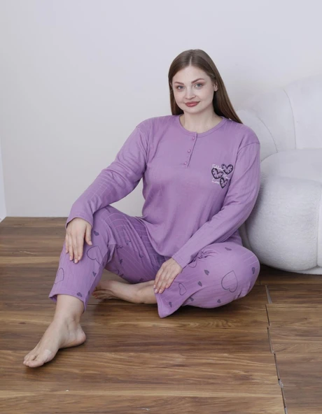 Lindros Kadın Pamuk'lu Düğme Yaka Raporlu İnterlok KIŞLIK Battal Pijama Takımı 05141 - 1 Adet   4XL Mor ürün görseli 1