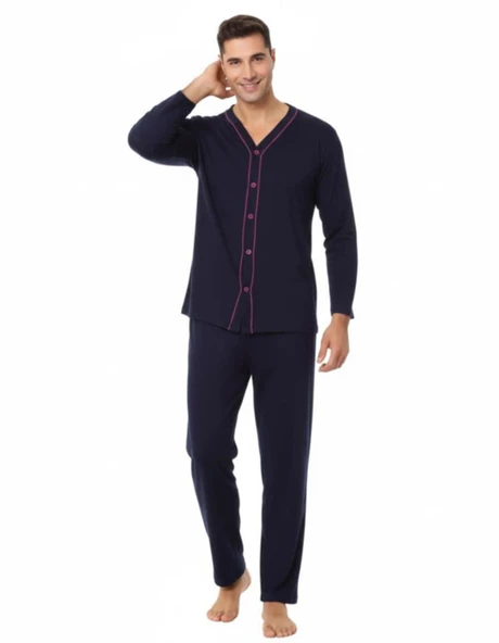 Sude Ercan Erkek Önden Düğmeli Uzun Kol İnce Pijama Takımı A301-843 - 1 Adet  XL Lacivert ürün görseli 1