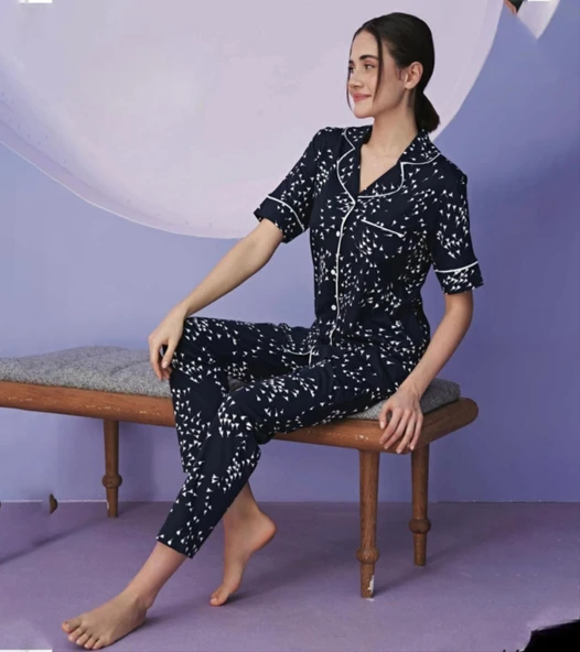 Miss Klein Kadın Büyük Beden Gömlek Yaka Pamuklu Likralı Kısa Kol Pijama Takımı 1130 - 1 Adet  Lacivert 3XL ürün görseli 1