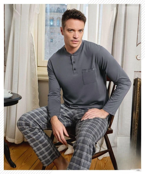 Pijamoni Erkek Düğme Yaka Uzun Kol Mevsimlik Pijama Takımı 6800/11 - 1 Adet  M Füme ürün görseli 1
