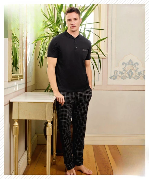 Pijamoni Erkek Düğme Yaka Kısa Kol  Pijama Takımı 6850/12 - 1 Adet  Siyah L ürün görseli 1
