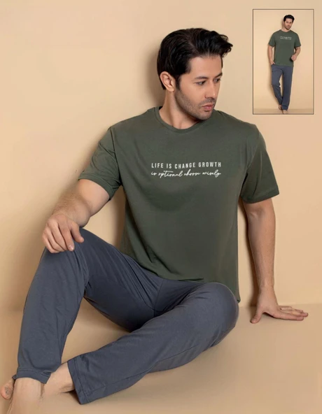 Pijamerry Erkek Bisiklet Yaka Kısa Kol Penye Pijama Takımı 6133 - 1 Adet  2XL Haki ürün görseli 1