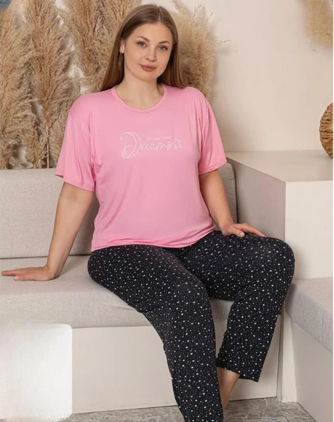 Charme Kadın Büyük Beden Bisiklet Yaka MİLAN Likralı Kısa Kol Pijama Takımı K601/247 - 1 Adet  4XL Pembe ürün görseli 1
