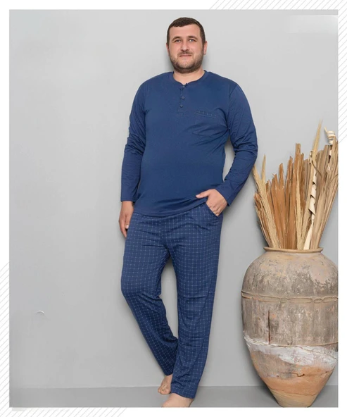Pijamoni Erkek Battal Düğme Yaka Penye Uzun Kol  Pijama Takımı 6720/9 - 1 Adet  Mavi 5XL ürün görseli 1
