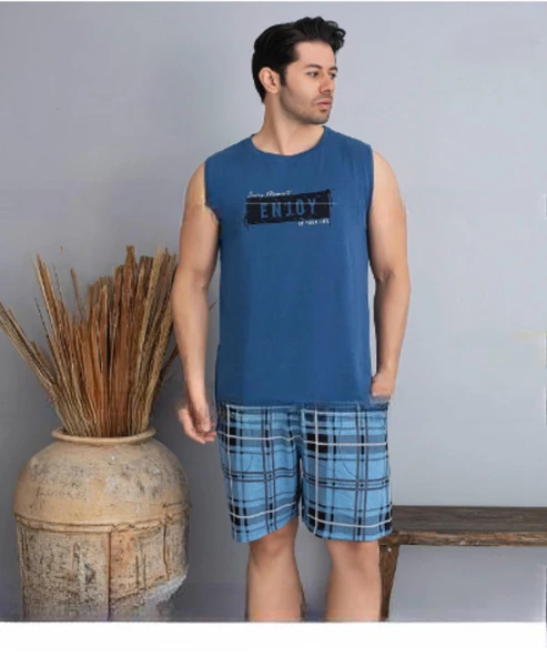Pijamoni Erkek Bisiklet Yaka Kolsuz Şortlu Pijama Takımı 6185/10 - 1 Adet  2XL Mavi ürün görseli 1