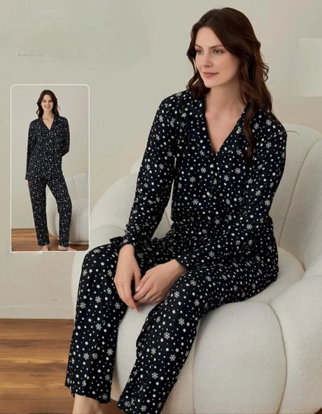Boyraz Kadın İnce Süet Boydan Düğmeli KIŞLIK Pijama Takımı 02019- 1 Adet  Siyah L ürün görseli 1