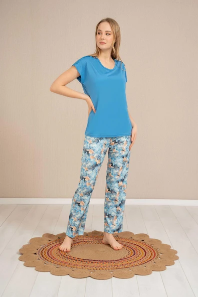 Baha Perfect Club Kadın Bisiklet Yaka Yarım Kol Pijama Takımı 4355 - 1 Adet  L Mavi ürün görseli 1