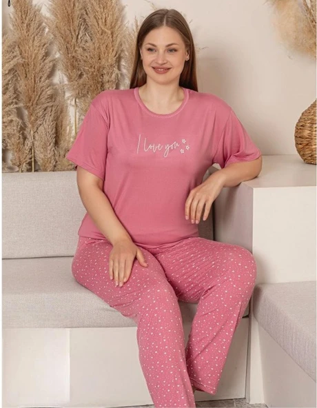 Charme Kadın Büyük Beden Bisiklet Yaka MİLAN Likralı Kısa Kol Pijama Takımı K601/246 - 1 Adet  4XL Pembe ürün görseli 1