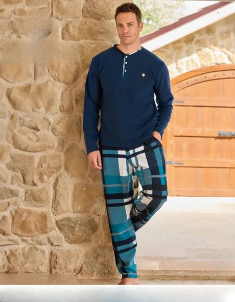 Pijamoni Erkek Düğme Yaka Kışlık Polar Pijama Takımı 6100/19 - 1 Adet  2XL Mavi ürün görseli 1
