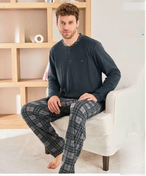 Pijamoni Erkek Düğme Yaka Kışlık Mikrosoft Likralı Pijama Takımı 6410/6 - 1 Adet  XL Antrasit ürün görseli 1