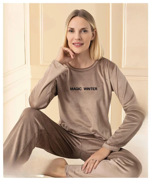 Mihra Kadın Kışlık Bisiklet Yaka Kadife Pijama Takımı 13166KA - 1 Adet  XL Kahverengi ürün görseli 1