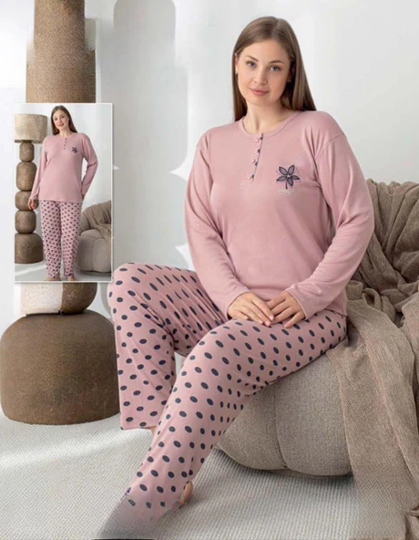 Lindros Kadın Pamuk'lu Düğme Yaka Raporlu İnterlok KIŞLIK Battal Pijama Takımı 05152 - 1 Adet  5XL Gül Kurusu ürün görseli 1