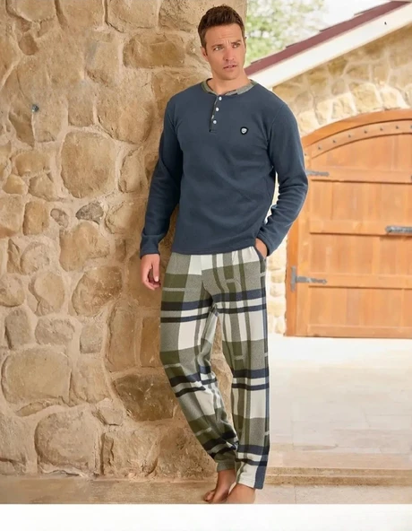 Pijamoni Erkek Düğme Yaka Kışlık Polar Pijama Takımı 6100/18 - 1 Adet  M İndigo ürün görseli 1