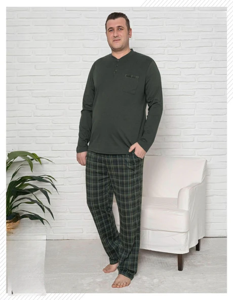 Pijamoni Erkek Battal Düğme Yaka Penye Uzun Kol  Pijama Takımı 6720/13 - 1 Adet  4XL Haki ürün görseli 1