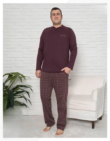 Pijamoni Erkek Battal Düğme Yaka Penye Uzun Kol  Pijama Takımı 6720/18 - 1 Adet  5XL Mürdüm ürün görseli 1