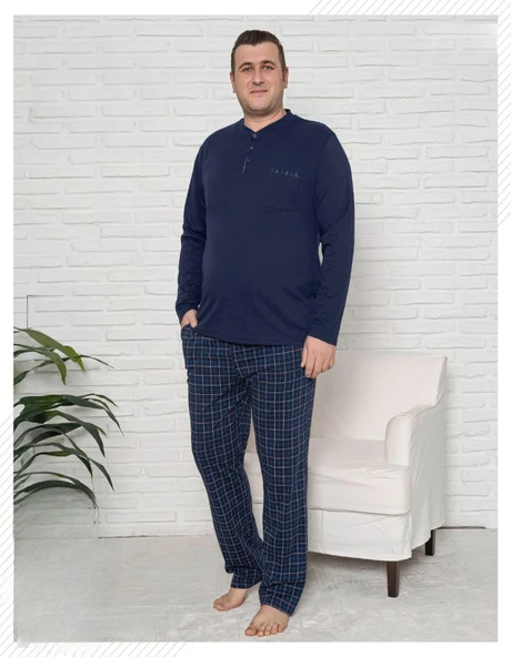 Pijamoni Erkek Battal Düğme Yaka Penye Uzun Kol  Pijama Takımı 6720/15 - 1 Adet  4XL Lacivert ürün görseli 1