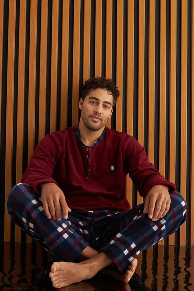 Pijamoni Erkek Düğme Yaka Kışlık Polar Pijama Takımı 6100/14 - 1 Adet  Bordo 2XL ürün görseli 1