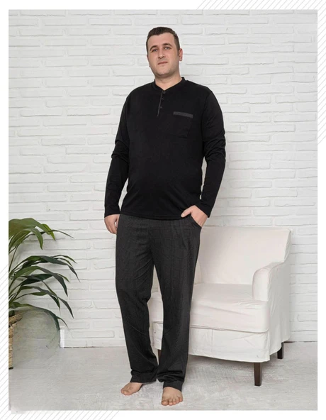 Pijamoni Erkek Battal Düğme Yaka Penye Uzun Kol  Pijama Takımı 6720/17 - 1 Adet  Siyah 3XL ürün görseli 1