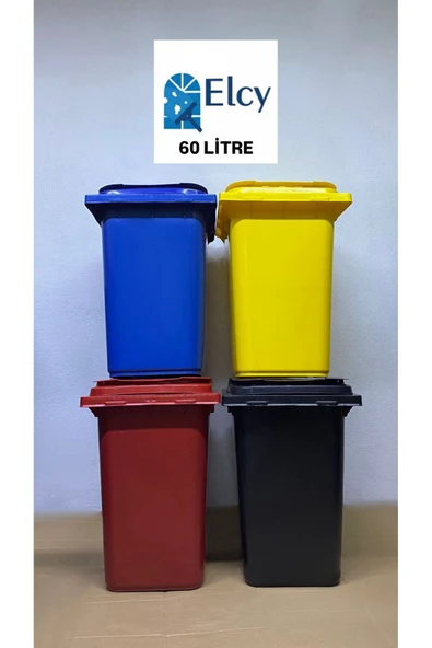 ELCY 4 Adet 60 LT Plastik Çöp Konteyneri Siyah-Kırmızı-Mavi-Sarı ürün görseli 1