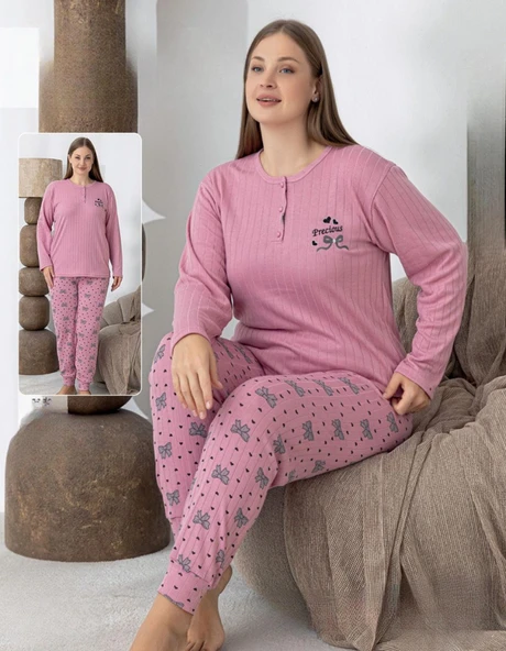 Lindros Kadın Pamuk'lu Düğme Yaka Raporlu İnterlok KIŞLIK Battal Pijama Takımı 0255 - 1 Adet   Pembe 3XL ürün görseli 1