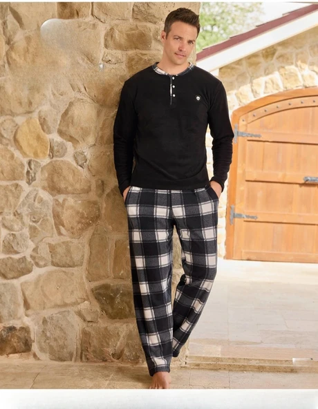 Pijamoni Erkek Düğme Yaka Kışlık Polar Pijama Takımı 6100/12 - 1 Adet  Siyah 2XL ürün görseli 1