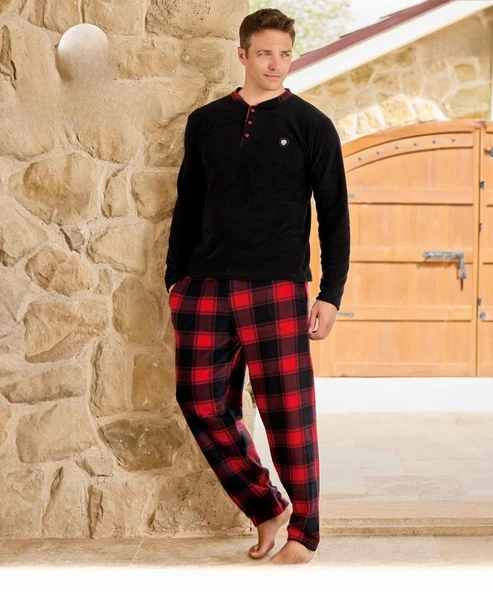Pijamoni Erkek Düğme Yaka Kışlık Polar Pijama Takımı 6100/7 - 1 Adet  Siyah M ürün görseli 1