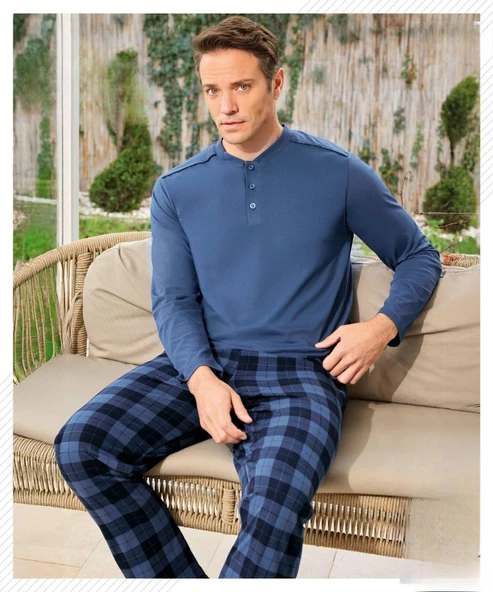 Pijamoni Erkek Düğme Yaka Uzun Kol Mevsimlik Pijama Takımı 6810/19 - 1 Adet  M Mavi ürün görseli 1